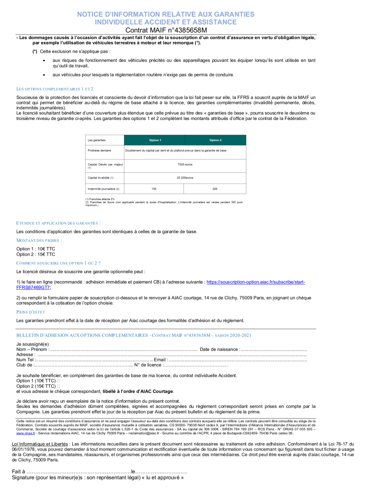 Informations sur les options complémentaires