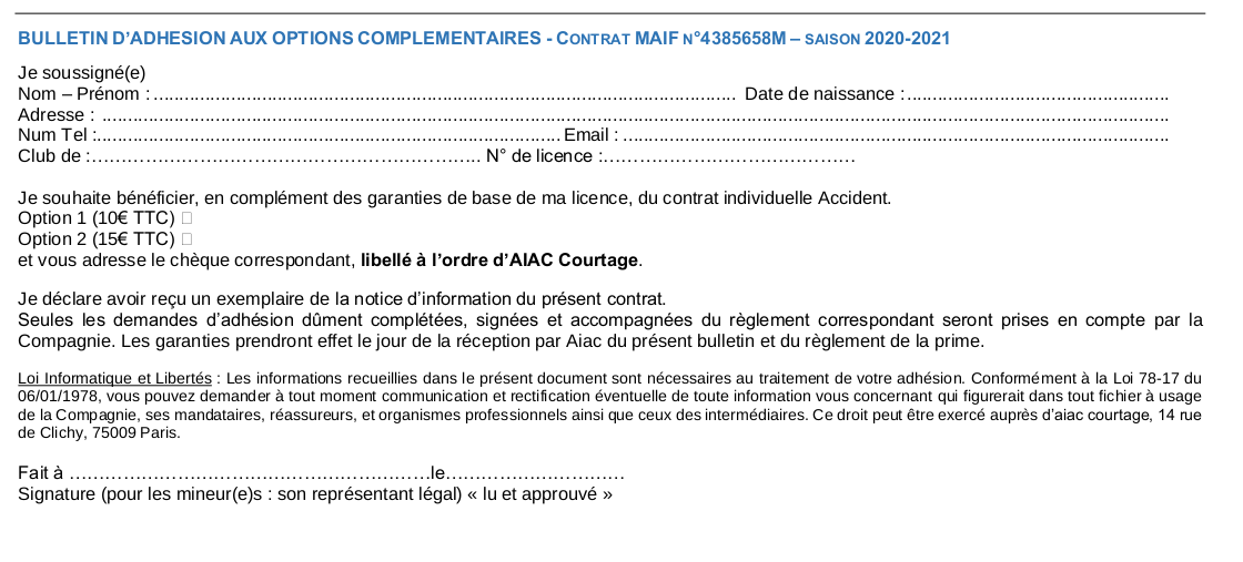 Formulaire adhésion sur les options complémentaires